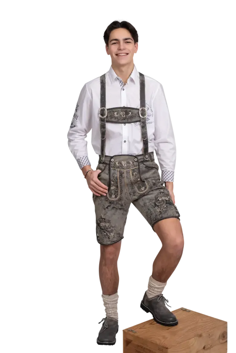 Luxus Lederhosen i Ægte Skind - Kort Model i Vintage Grå