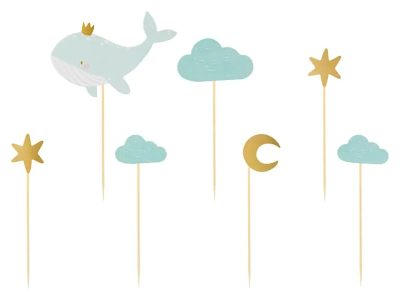 Lyseblå Hval Cupcake Toppers, 7 stk.