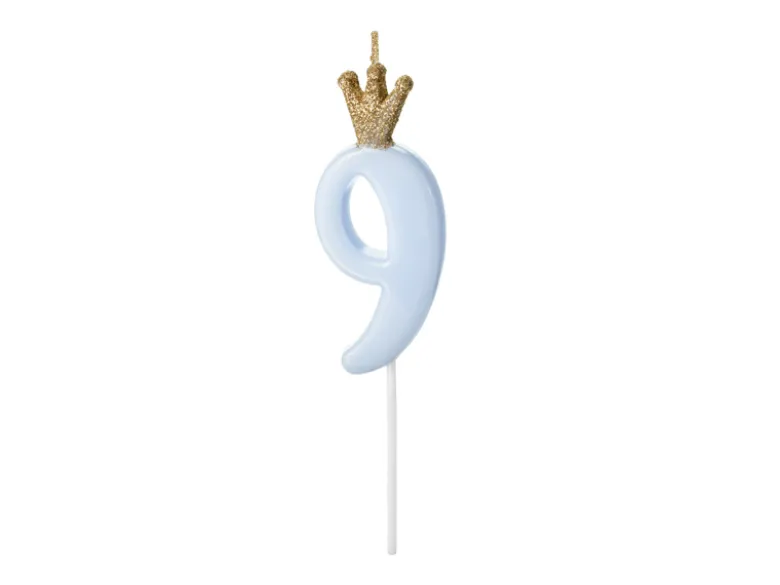 Lyseblåt "9" Kagelys m/Krone