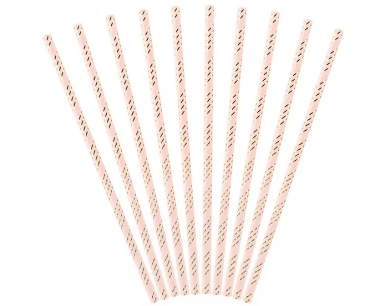 Lyserøde Sugerør m. Guld Striber