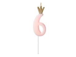 Lyserødt "6" Kagelys m/Krone