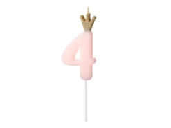 Lyserødt "4" Kagelys m/Krone