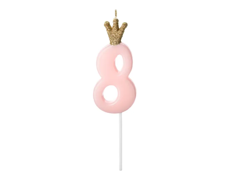 Lyserødt "8" Kagelys m/Krone