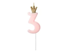 Lyserødt "3" Kagelys m/Krone