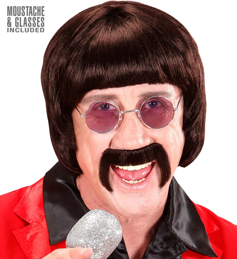 Mørkebrun Beatles Paryk Kit m/Briller & Overskæg