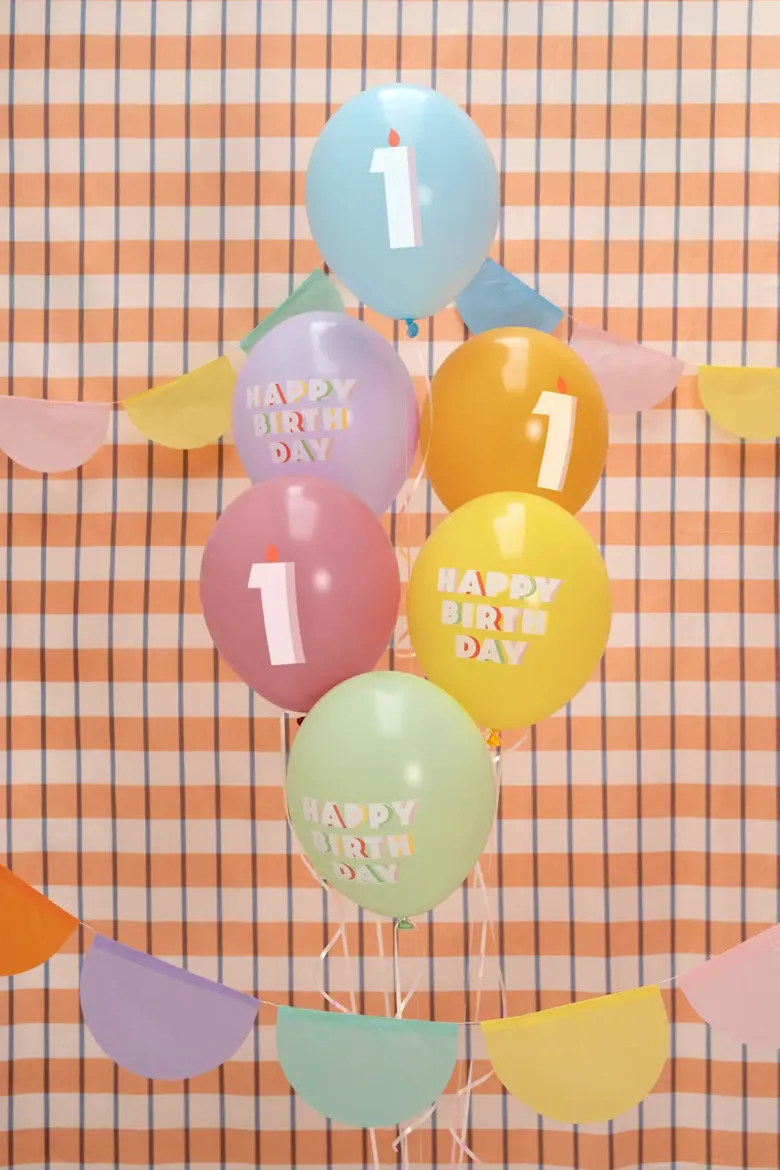 Pastel 1 Års Fødselsdagsballoner, 6 stk.