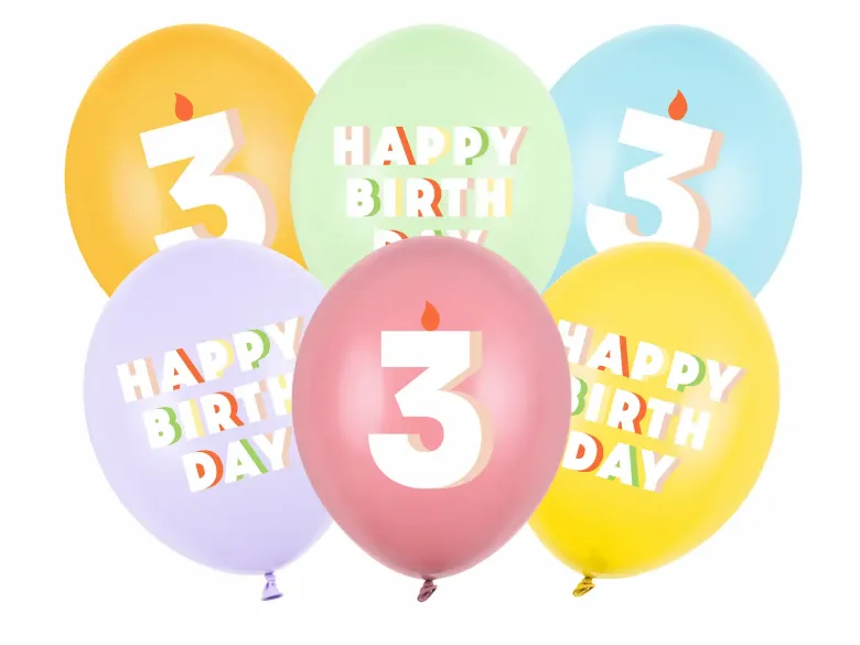 Pastel 3 Års Fødselsdagsballoner, 6 stk.