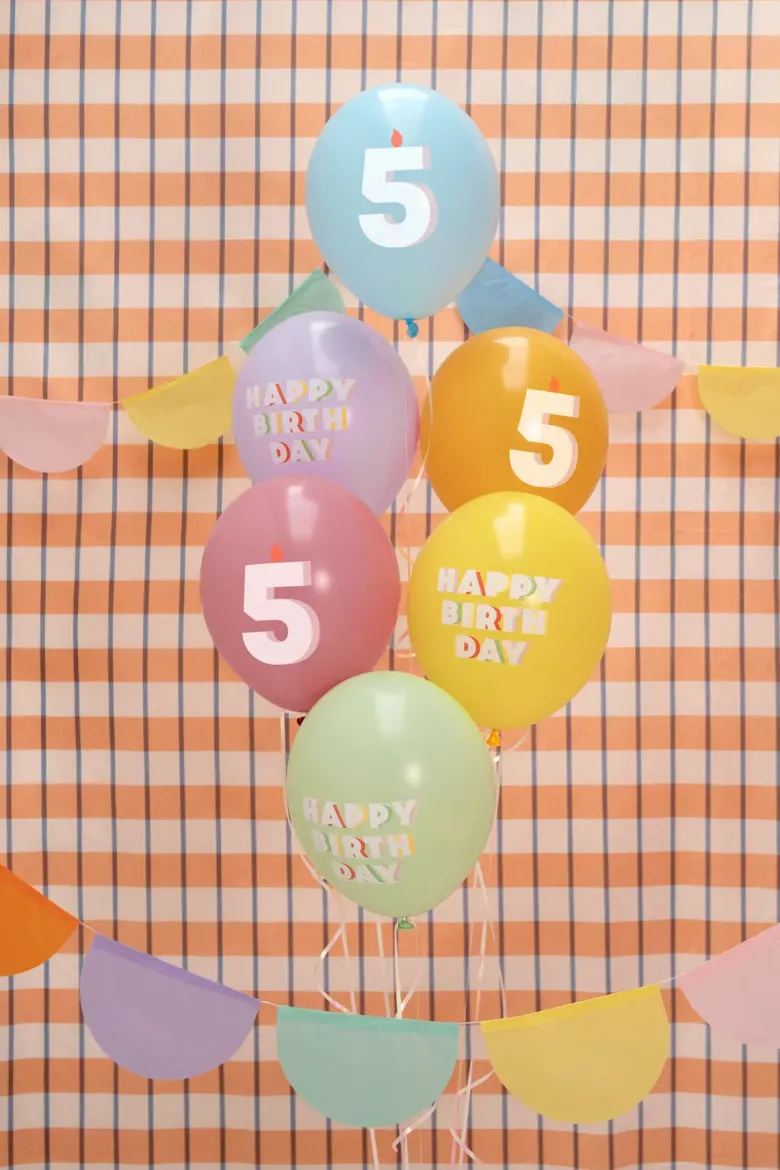 Pastel 5 Års Fødselsdagsballoner, 6 stk.