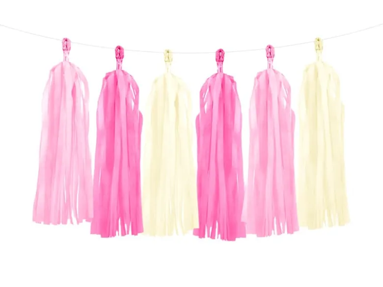 Pink, Lyserød & Creme Papir Tassels DIY, 12 stk.