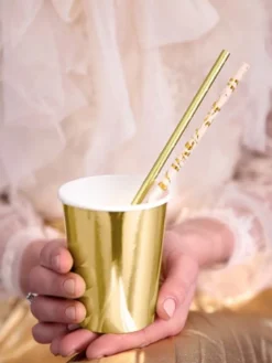 Pudder Rosa Papirsugerør m/Guld Marmor, 10 stk.