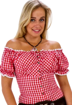 Rødternet Tyrolerbluse, Off-Shoulder m/ Pufærmer