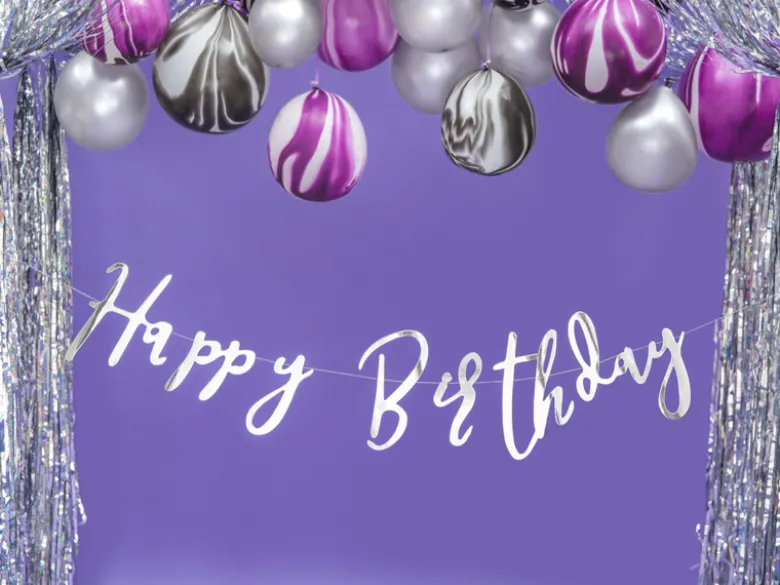 Sølv Skråskrift "Happy Birthday" Banner, 62cm