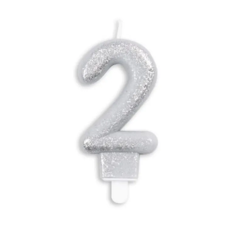 Sølv Talformet Kagelys m/Glitter 7 cm - 2 Tal