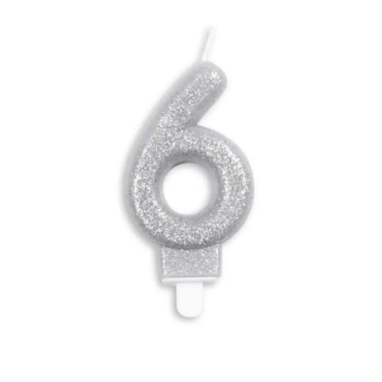 Sølv Talformet Kagelys m/Glitter 7 cm - 6 Tal