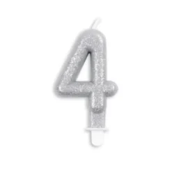 Sølv Talformet Kagelys m/Glitter 7 cm - 4 Tal