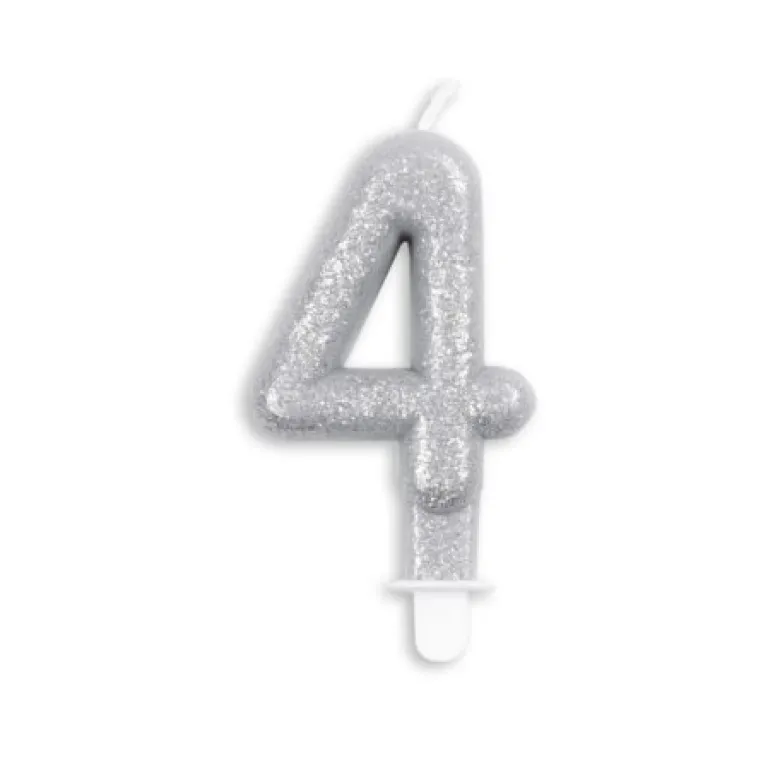 Sølv Talformet Kagelys m/Glitter 7 cm - 4 Tal