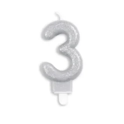 Sølv Talformet Kagelys m/Glitter 7 cm - 3 Tal