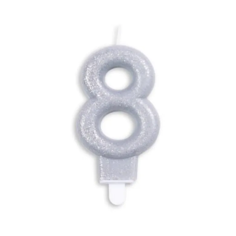 Sølv Talformet Kagelys m/Glitter 7 cm - 8 Tal