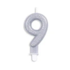 Sølv Talformet Kagelys m/Glitter 7 cm - 9 Tal