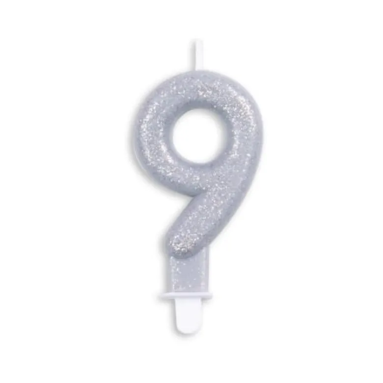 Sølv Talformet Kagelys m/Glitter 7 cm - 9 Tal