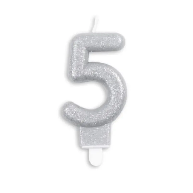 Sølv Talformet Kagelys m/Glitter 7 cm - 5 Tal