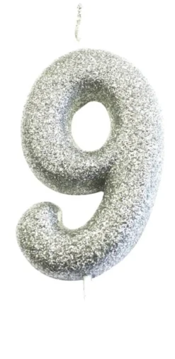 Sølv Tal Kagelys m/Glitter 6.5 cm - 9 Tal