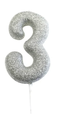 Sølv Tal Kagelys m/Glitter 6.5 cm - 3 Tal