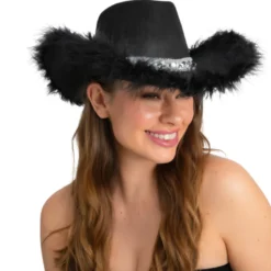Sort Cowboy hat m/Fjer & Sølv Pailletbånd