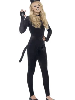 Sort Katte Polyester-Velour Catsuit, Teen