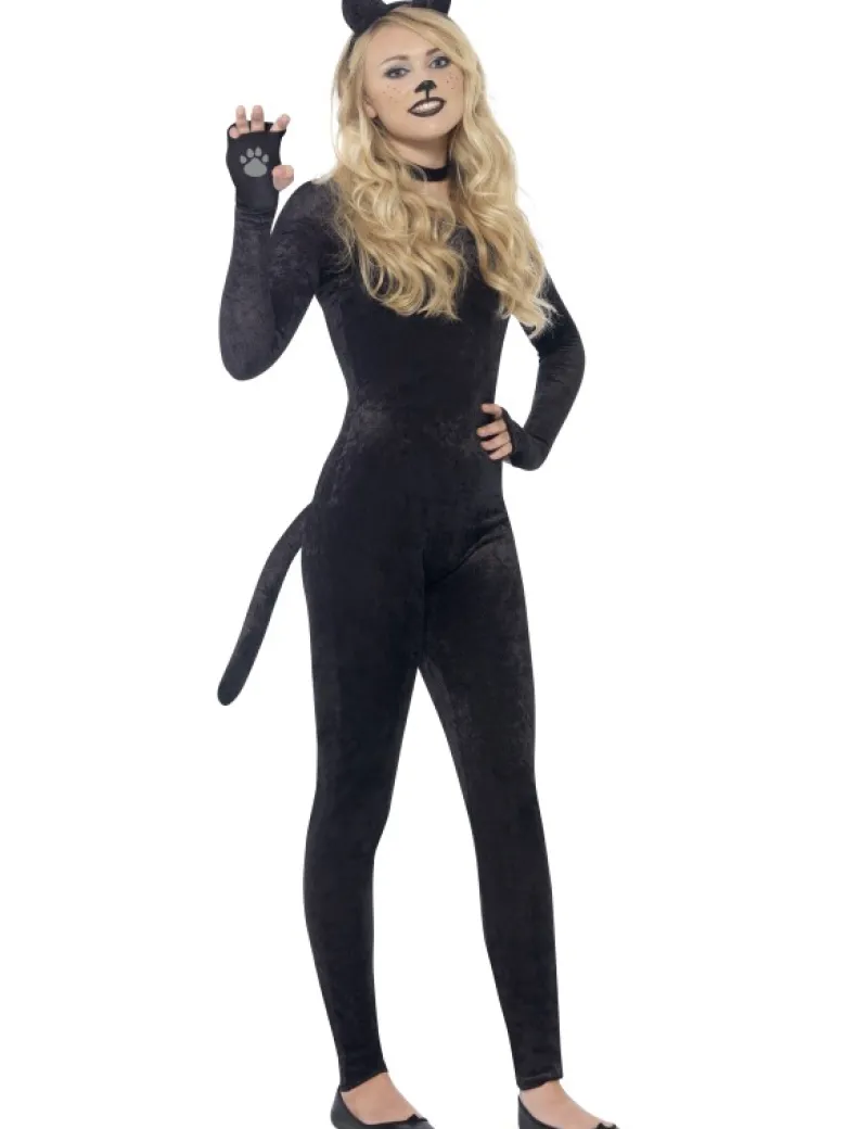 Sort Katte Polyester-Velour Catsuit, Teen
