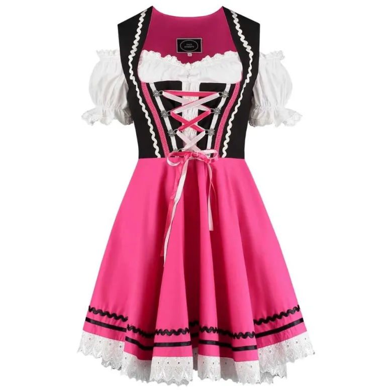 Sort/Pink Mini Dirndl m/Løs Skjorte i 100% Bomuld