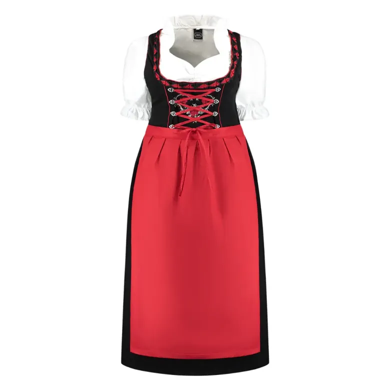 Sort & Rød Dirndl i 100% Bomuld, Lang Model i 3 dele