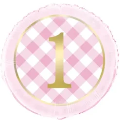 1st Birthday Lyserød-Ternet Folieballon, 45 cm