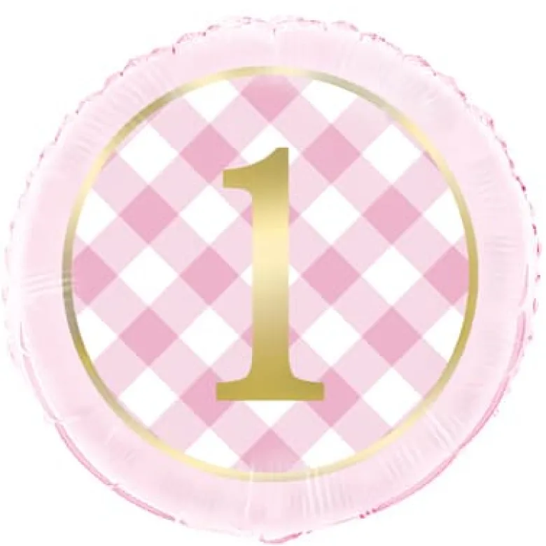 1st Birthday Lyserød-Ternet Folieballon, 45 cm