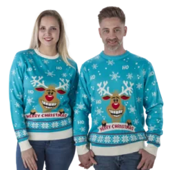 Turkis "Ho Ho Ho!" Julesweater m/Rensdyr Print