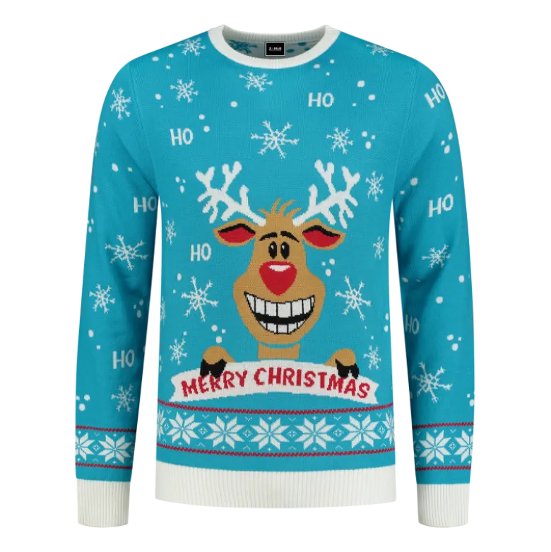 Turkis "Ho Ho Ho!" Julesweater m/Rensdyr Print