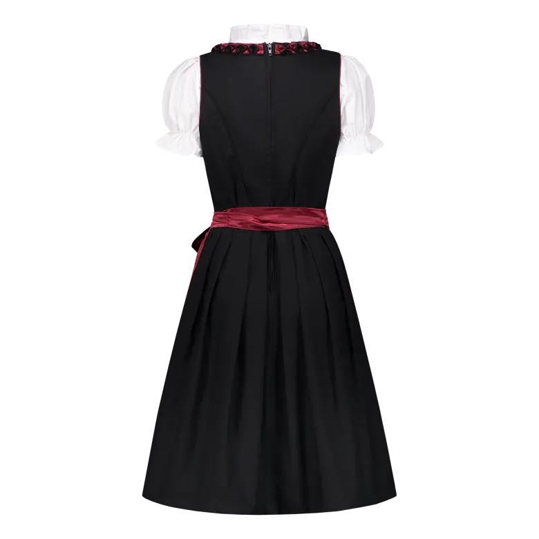 Vinrød Dirndl m/ Løs Skjorte i 100% Bomuld (3 dele)