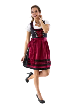 Vinrød Dirndl m/ Løs Skjorte i 100% Bomuld (3 dele)