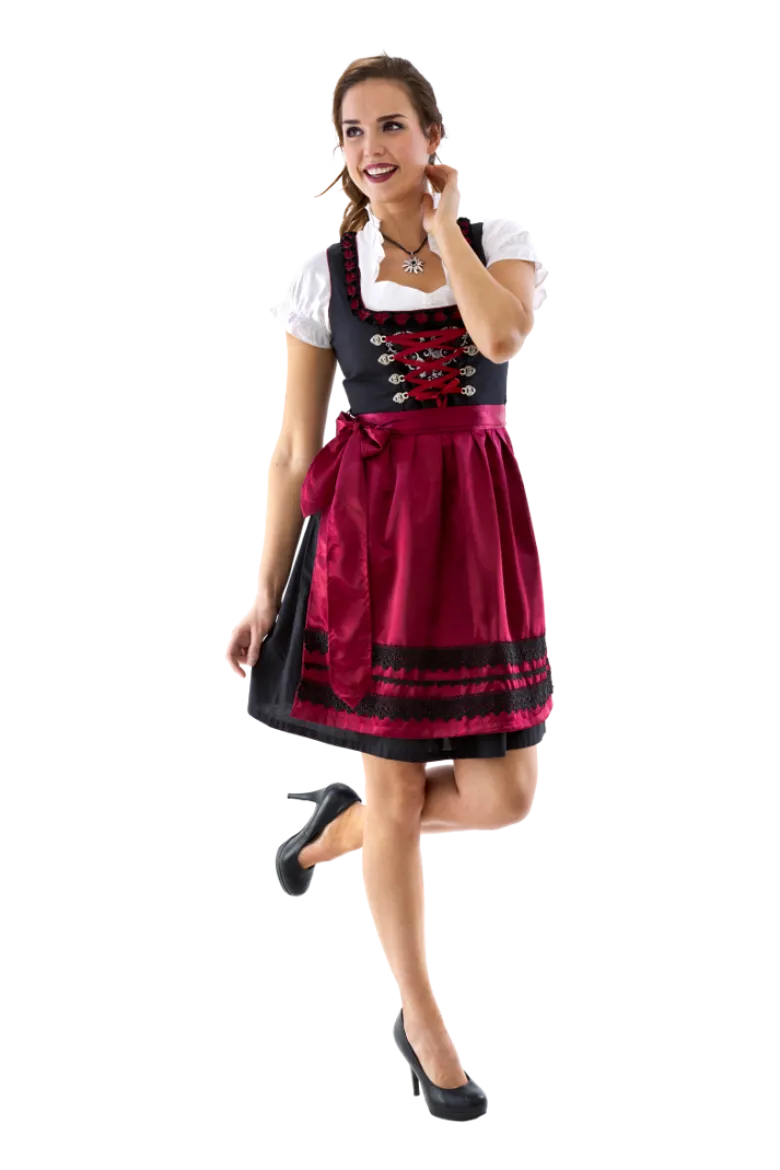 Vinrød Dirndl m/ Løs Skjorte i 100% Bomuld (3 dele)